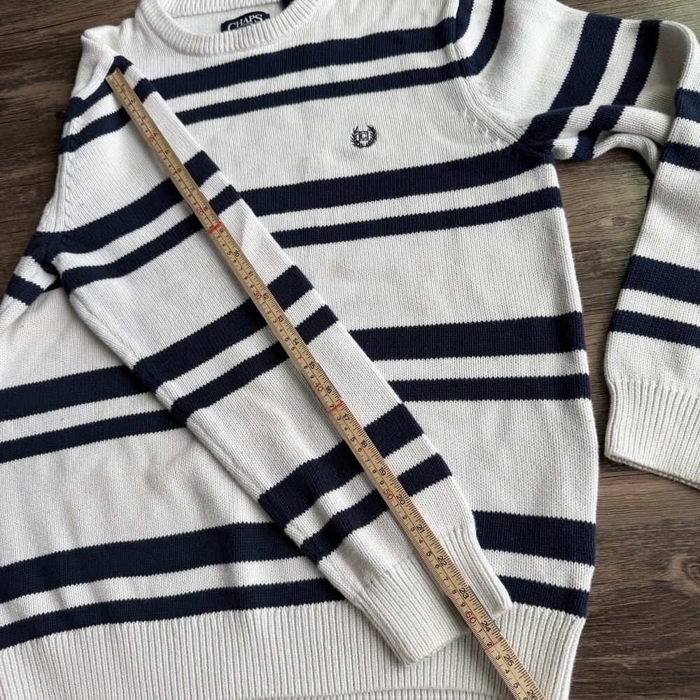 Chaps Sweater Mens M White Blue Stripe Heavyweight Knit Crewneck Preppy Cotton - Picture 8 of 9